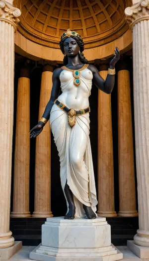 Ultrarealistic Photography, high-resolution, photorealistic image, full front view, impressive colossal Greek polychromic marble statue of black ebony goddess Aphrodite, greek temple cella, golden jewels and belt
