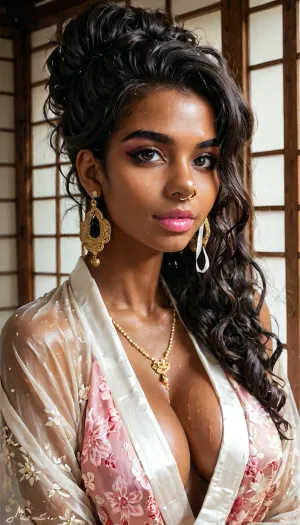 Long dark haired woman, medium size, 30yo., wearing indian saree, traditional attire on her wedding day, wearing earrings, nose ring, pink lips, looking hot & sexy