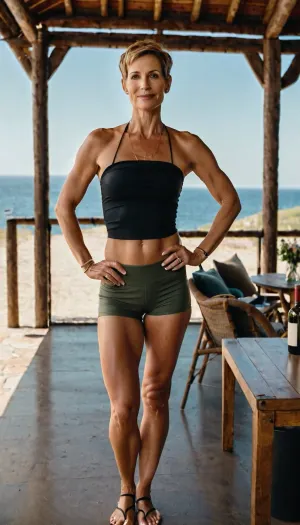 A realistic, full-body photograph of a 45-year-old woman with very short dark blonde hair, an attractive narrow face, and a prominent narrow nose. She is very tall, with a very athletic and slender build, and is barefoot. She is wearing very tiny yoga booty shorts, a strapless crop tube top, jewelry, (and flat strappy leather sandals without heels. The background depicts a wine festival with bright natural lighting and a cheerful atmosphere. Wide-angle lens Summilux-M 1:1), 4/24 ASPH, shot with a Leica M11 camera, <lora:sdxl_photorealistic_slider_v1-0:2>