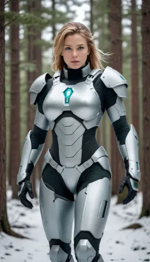 female soldier, wearing rigid, high-tech sci-fi armor, armor with sharp angular plates in white and deep forest green, no fabric, no soft materials, the armor is mechanical and rigid, armor plates with sharp contrast, no gradients, clear separation of colors, futuristic armor with advanced nanotechnology elements, cutting-edge mechanical design, highly sophisticated exosuit, armor with holographic HUD displays, integrated sensors, and communication devices, armor plates with micro-engravings, glowing cyan energy circuits, intricate details like mechanical vents, panels, and glowing accents, dynamic, action-oriented pose, mid-motion with powerful stance, futuristic exosuit with visible pneumatic systems and mechanical joints between armor plates, background of snowy environment with dense pine trees and distant mountains, snow and frost buildup on armor, snowflakes caught in hair, natural movement of wind through hair, determined and focused facial expression, strong gaze, mature, adult female proportions with balanced torso length, realistic waist size, and appropriately proportioned hips, natural, realistic waist size without exaggerated hourglass figure, realistic proportions, avoiding exaggerated or idealized forms, no boob plate, armor follows natural body shape, realistic lighting with soft overcast skies casting diffuse shadows, realistic, photorealistic rendering with a cinematic quality, depth of field effect, character sharply in focus with a slightly blurred background, two arms, two legs