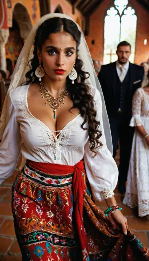 A gypsy woman with a pronounced gypsy appearance, dressed in a traditional gypsy dress with bright patterns, fast runs away from the church from her wedding, (the groom in a classic wedding suit stands at the altar and looks at the fleeing gypsy woman), expressive face with bright features, dark skin, large, expressive, ((detailed black eyes, realistic eyes)), deep gaze, with a touch of mystery.Wide, bushy eyebrows of natural shape, full lips, highlighted with bright red lipstick. Thick long curly dark brown hair.A long fluffy skirt in bright colors, an unbuttoned blouse with a loose fit, with embroidery, lace or shiny elements.White jewelry, large earrings, bracelets, rings, beads.A bright scarf is tied on his head.on his feet are boots with bright embroidery. The image of a gypsy is full of life, energy and mystery. Her appearance combines brightness, naturalness and some theatricality. She carries the spirit of freedom, passion and wisdom, which makes her image unforgettable. her blouse is unbuttoned, showing a large beautiful breasts, lewd, running pose, Background