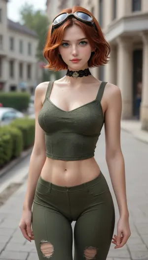 norman rockwell style, 1940s style, goggles on, sscore_9, score_8_up, score_7_up, photo, photorealistic, WW2 pinup girl, sexy army clothes, cutest girl in the world, short wavy red hair, large realistic blue eyes, looking at viewer, busty, athletic, (body freckles), lace, dark eye shadow, real skin, tan skin freckles, mole, toned, parted lips, aroused, innocent look, adorable face, pouty lips, smirking, flirtatious, intense stair, lace choker, cute perky butt, rosy red lips, puffy lips, cleavage, (tight pants, sexy butt, cameltoe, thigh gap), ripped pants