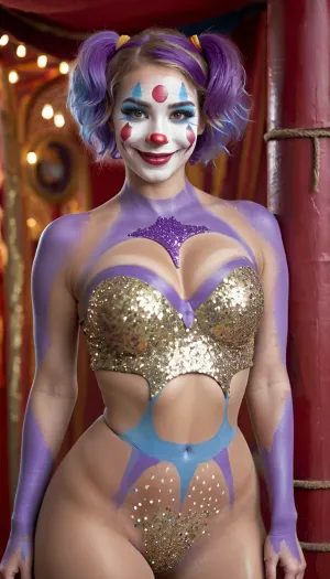 Beautiful girl 18 year, perfect skin, clown makeup, natural red cheeks, sligth curvy body, girl smiles, (girl smile:1.3), natural blonde, has wavy hair, hair reaches her shoulders, wears her hair down, has messy hair, perfect breasts, skinny waist, wide hips, round breasts, natural porous skin, natural round buttocks, well-defined body, thicc tights, girl is painted like a clown, (girl wears a glitter body paint:1.3), girl wears a glitter body paint of a sexy clown attire, body paint simulates clown clothes, girl it's in a public square, girl wears a glitter colorful purple and blue wig, public square it's crowd, it's noon, 4k image, hi-res image, hdr, <lora:EnvyThiccXL02:1.1>, <lora:Microwaist_XL_v01:.7>, honoka_circus