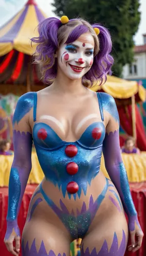 Beautiful girl 18 year, perfect skin, clown makeup, natural red cheeks, sligth curvy body, girl smiles, (girl smile:1.3), natural blonde, has wavy hair, hair reaches her shoulders, wears her hair down, has messy hair, perfect breasts, skinny waist, wide hips, round breasts, natural porous skin, natural round buttocks, well-defined body, thicc tights, girl is painted like a clown, (girl wears a glitter body paint:1.3), girl wears a glitter body paint of a sexy clown attire, body paint simulates clown clothes, girl it's in a public square, girl wears a glitter colorful purple and blue wig, public square it's crowd, it's noon, 4k image, hi-res image, hdr, <lora:EnvyThiccXL02:1.1>, <lora:Microwaist_XL_v01:.7>, honoka_circus