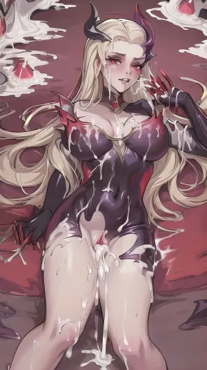 coven evelynn, 1girl, bodysuit, hair ornament, red eyes, solo, detailed face, looking at viewer, from below, dark, forest, night, rocks, red light, (masterpiece:1.2), best quality, standing, step on dick, (liquid cum, cum on foot:1.3), (cum on face:1.3), toejob, <lora:coven_evelynn-000017:.6>