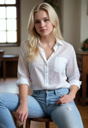 Woman 20 Years old white fat blonde bluse jeans pants