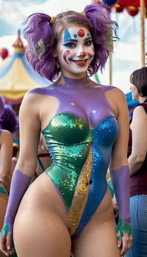 Beautiful girl 18 year, perfect skin, clown makeup, natural red cheeks, sligth curvy body, girl smiles, (girl smile:1.3), natural blonde, has wavy hair, hair reaches her shoulders, wears her hair down, has messy hair, perfect breasts, skinny waist, wide hips, round breasts, natural porous skin, natural round buttocks, well-defined body, thicc tights, girl is painted like a clown, (girl wears a glitter body paint:1.3), girl wears a glitter body paint of a sexy clown attire, body paint simulates clown clothes, girl it's in a public square, girl wears a glitter colorful purple and blue and green wig, public square it's crowd, it's noon, 4k image, hi-res image, hdr, honoka_circus, <lora:EnvyThiccXL02:1.1>, <lora:Microwaist_XL_v01:.7>