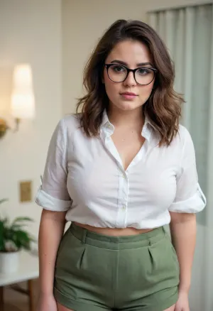 Woman, One, 25 Years old, White, Fat, Big breasts, Big ass, Beauty face, Makeup, Brunette hair, Medium hair, Fluffy hair, Blouse, Cotton shorts, Portrait, Standing, Glasses