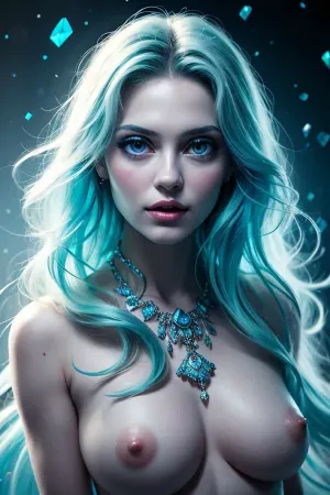 woman, fabulous creature, Russian mythology, blue, female of crystal, beautiful female face, naked delicate tits, confused look, bright colors, shining fasets, high detail, impeccable image quality, ultrarealism, crystal, <lora:crystal_20231127214245-000018:.4>, <lora:eye_size_slider_v1:5>