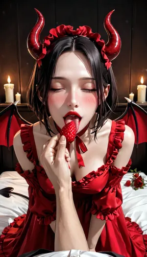 masterpiece, best quality, highly detailed, (anime:1.2), BREAK, ((a gorgeous 25 year old white succubus with demonic, wings, horns, tail, succubus is in love with viewer)), (succubus has long black hair bob haircut), leaning forward, downblouse, (natural b cup boobs, beautiful nipples), (eyes closed, blushing, overjoyed, horny, aroused:1.2), (tongue out, viewer putting a strawberry in her mouth, pov hand puts a strawberry in her mouth, she smiles lovingly at the viewer and blushes as her tongue is licking the strawberry while leaning towards viewer:1.4), slim, athletic, gymnast body, (wearing a really loose crimson red satin dress:1.4), no bra, no panties, (dark room, romantic atmosphere:1.2), (candle lights:1.2), (she is teasing the viewer by presenting her beautiful pussy with a line of rose flower peddles on the bed leading up to her beautiful pussy:1.2), bedroom, Valentine's Day, (rose flower peddles scattered across bed, bottle of bourbon), (fireplace), (nighttime:1.2), snowing outside, RAR, <lora:MeMaV3_ill:.5>, <lora:add_details_xl:.5>, <lora:Better Anime Backgrounds - [Background] - SDXL Version 1:.5>, <lora:RAR 0.4v:.5>