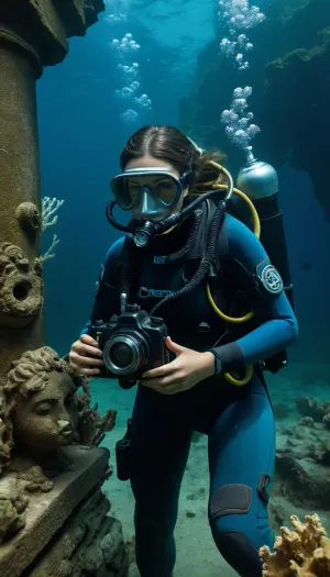 Girl with scuba gear, in mask, in diving suit, holding underwater camera, exploring ancient abandoned city on the ocean floor, huge ancient goddess statue, beautiful fish, seaweed, dim light, underwater, high detail, high quality, masterpiece
