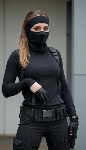 (seductive:1.2), 28 year old english female police officer, (balaclava covering nose:1.4), long sleeve black full body jumpsuit, (kevlar vest with pouches:1.3), tactical belt, handcuffs, baton, radio, torch, tactical gloves, tactical boots, perfect body, perfect slim angular face, ponytail, 25 years old, english prison, <lora:230394_training_data:.6>