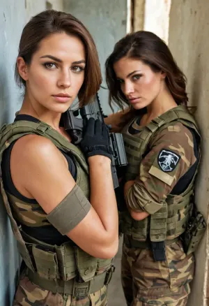 two beautiful sexy slender 25 year old greek female soldiers guarding prison cell door, combat uniform, (camo undershirt covering whole body and arms:1.2), (camo helmet:1.2), (combat boots:1.3), camo, (camo tactical vest:1.2), rifle, ammunition pouches, tactical belt, elbow pad, shoulder pad, (tactical gloves:1.3), velcro, clip fasteners, (guarding prison cell:1.1), perfect body, perfect face