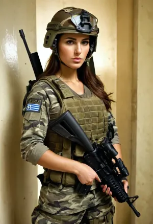 beautiful sexy slender 25 year old greek female soldier, combat uniform, (camo undershirt covering whole body and arms, camo helmet:1.3), camo, tactical vest, rifle, ammunition pouches, tactical belt, shoulder pad, kneepads, (guarding prison cell:1.1)