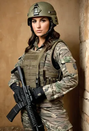 beautiful sexy slender 25 year old greek female soldier, combat uniform, (camo undershirt covering whole body and arms, camo helmet:1.3), camo, tactical vest, rifle, ammunition pouches, tactical belt, shoulder pad, kneepads, (guarding prison cell:1.1)