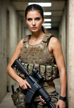 beautiful sexy slender 25 year old greek female soldier, combat uniform, (camo undershirt covering whole body:1.1), (camo helmet:1.1), camo, tactical vest, rifle, ammunition pouches, tactical belt, shoulder pad, kneepads, (guarding prison cell:1.1)