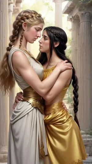 Ultra Realistic, tall female Amazon embracing a petite Greek peasant girl, about to kiss, Amazon has black hair in a braid in a Greek warrior uniform, peasant girl is petite short blonde flowing hair in a thin fabric toga with erect visible nipples, in the style of a romance novel