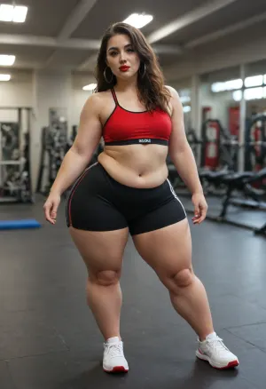 Very obese overweight bbw hairy 25 years old Russian bimbo in sports bra shorts and sneakers, long brunette hair, (brunette public hair), hoop earrings, circlets, red lipstick, heavy makeup, small boobs, (flat chested:1.3), ((wide hips:1.4)), (pear body shape:1.3), thick tights and calves, narrow waist, full body picture, tattooed, (gym background), do yoga poses on a fitness mat