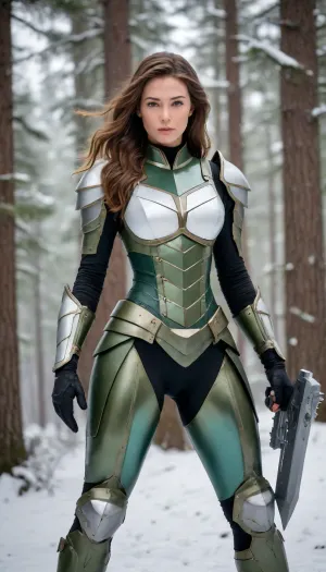 ((rigid high-tech sci-fi armor:1.4)), ((industrial design elements:1.4)), ((dual-layer armor plating:1.4)), ((snow-white top plates:1.4)), ((deep forest-green bottom plates:1.4)), ((jagged and angular shapes:1.4)), ((sharp and aggressive edges:1.4)), ((complex armor design with many interlocking plates of varying sizes:1.4)), ((dense layering of armor pieces:1.4)), ((mechanical seams and intricate details between plates:1.4)), ((armor fully enclosing the body:1.3)), ((no fabric or soft materials:1.3)), ((powered by internal energy cores:1.4)), ((advanced hydraulics:1.4)), ((visible pistons:1.4)), ((mechanical actuators:1.4)), ((pneumatic systems aiding movement:1.4)), ((articulated mechanisms in motion:1.4)), ((sharp contrast between snow-white and forest-green layers:1.4)), ((intimidating industrial aesthetic:1.4)), ((rugged, utilitarian design:1.4)), ((feminine proportions:1.4)), ((balanced torso:1.4)), ((realistic waist:1.4)), ((natural hips:1.4)), ((dynamic action pose:1.4)), ((long wavy brown hair flowing in the wind:1.4)), ((snowflakes caught in hair:1.3)), ((focused expression:1.3)), ((realistic facial features:1.3)), ((snow-covered environment:1.3)), ((dense pine trees:1.3)), ((snow and frost buildup on armor:1.3)), ((photorealistic lighting:1.3)), ((soft overcast sky:1.3)), ((cinematic quality:1.3)), ((depth of field effect:1.3)), ((sharp focus on character:1.3)), ((two arms:1.4)), ((two legs:1.4)), ((high-tech details on armor:1.4)), ((visible internal mechanisms:1.3)), ((powered systems aiding mobility:1.4)), ((mechanical power sources:1.4)), ((no gaps showing skin:1.4)), ((jagged geometric designs:1.4)), ((heavy-duty servos:1.4)), ((wear and scratches on armor:1.3)), ((glowing cyan lights:1.4)), ((reflections of light on armor:1.3)), ((light reflections on snow:1.3)), ((intense winter atmosphere:1.3)), ((soft shadows on snow:1.3)), ((dense mechanical details like vents, ridges, and joints:1.4)), ((tight, angular arrangement of plates:1.4)), ((armor with intricate overlapping sections:1.4)), ((precision-engineered mechanical aesthetics:1.4))