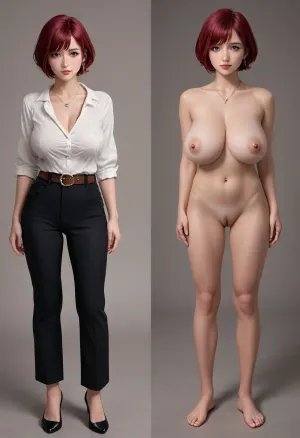 masterpiece, ultra-detailed, best quality, (photo-realistic, hyper-realism), clear image, detailed face, (full body shot), cute, 21years old, Japanese girl standing straight, (frontal body, arms at sides, wide stance), look at viewer, smile, clean eyes, naked, barefoot, (pretty round face), beautiful red hair, pixie-cut, purple eye-shadow, short stature, fit body, low hanging saggy gigantic breasts, flushed face, tanned dark skin, (front view, onoff), (2split views:1.2), same_person, same body_proportions, same_face, same_body, same_pose, same_angle
BREAK
floral lace long-sleeve blouse, belt, black pants, black high heels, diamond pendant, earrings, nipple piercing
BREAK, (simple all-light-blue and all-pink background), <lora:OnoffXL_ExtraCrispy:.7>