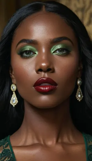 masterpiece, best quality, highly detailed, photorealsitc, A woman with very black skin and features that are traditionally associated with white women, creating a striking and unique appearance. She has dark black skin, light-green colored eyes, and delicate facial features such as a slender nose, high cheekbones, and full lips. Her green eyes are enhanced by strong complementary eyeshadow and heavy black eyeline, Her pretty mouth is accentuated by dark red lipstick. Her straight black hair is styled in a side parting, adding to her graceful look.