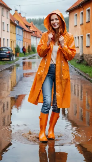 Watercolor, acrylic, random pose. Beautiful woman with copper hair, dressed in orange raincoat with a hood, in orange rubber boots stands in a puddle and laughs, emotions on the face, the background of the village street style Mikhail Garmash.