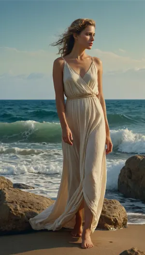 Odysseus' wife Penelope is waiting for him on the ocean shore, full height, aesthetics of the female body, oil painting, hyperrealism, Mika Smytsk style.