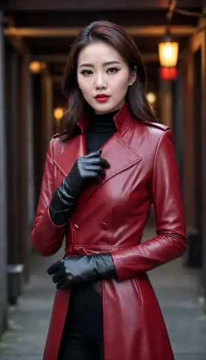 sexy chinese girl, sexy face, perfect eyes, perfect body, perfect lips, red diva velvet carmine lipstick, tight red brown long leather coat, black leather gloves, full body view