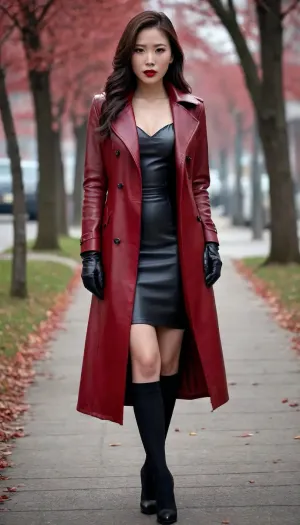 sexy chinese girl, sexy face, perfect eyes, perfect body, perfect lips, red diva velvet carmine lipstick, tight red brown long leather coat, black leather gloves, full body view