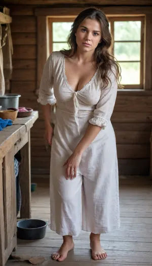RAW photo, subject, (fine skin detail:1.1), 8k UHD, soft light, high quality, film grain, Fujifilm XT3, dynamic angle, mature mommy, russian peasant woman, in peasant hut, in front of viewer, eye contact, ((full view)), fair skin, (overweight:1.1), ((angry:1.1)), (show full face), in summer peasant clothes, leaning forward, ((f4rhairstyle)), brunette with long wavy hair, unbuttoned blouse, (one breast is hanging out), wide ankles, barefoot, bending over, washing clothes