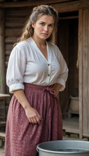 RAW photo, subject, (high skin detail:1.1), 8k UHD, soft light, high quality, film grain, Fujifilm XT3, dynamic angle, mature milf, russian peasant woman, in peasant hut, in front of viewer, eye contact, ((full view)), fair skin, (overweight:1.1), ((angry:1.1)), (show full face), in summer peasant clothes, leaning forward, ((f4rhairstyle)), brunette with long wavy hair, unbuttoned blouse, showing boobs, barefoot, washing clothes