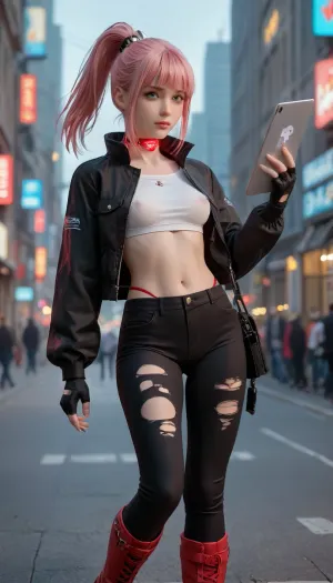 A futuristic cyberpunk girl with pink hair tied in a high ponytail with a few loose strands framing her face. She has heterochromic eyes, one azure and one glowing purple. Her porcelain skin has a slight blush on her cheeks. She wears a crop top with neon edges, see-through, revealing her nipples, a torn short jacket with a metallic texture, and skinny pants, fall to her knees. Red thong visible. She wears a glowing choker around her neck, and fingerless gloves with cybernetic lines adorn her hands. A holographic cape flutters behind her, and on her feet are chunky platform boots. In one hand, she holds a sleek tech tablet, and behind her is a hovering spherical drone. The background is a neon futuristic cityscape with flying holograms and brightly colored advertisements.
