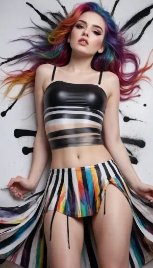 photo of a beautiful goth girl with thick flowing, (liquid paint rainbow hair:1.1), (pleated skirt, horizontal, ((black and white stripes)), , :1.3), tits, laying on her back made of paint and defies gravity, from above, highly detailed, intricate, amazing, trending, paint splatter, paint drops, Colorsplash 8k, high quality, photo