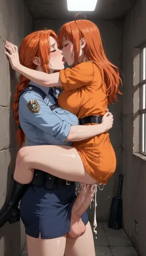 two girls, close view of a tall police futanari wearing holding up a petite prisoner girl with huge breasts against a wall and fucking her, (inside a prison), (Sexy blue police uniform skirt and prisoner orange robe), mostly clothed, slim waist, thick thighs, (one girl standing and fucking the other girl's pussy, other girl is getting fucked as she moans with sexual pleasure), size difference, (girl being fucked in the pussy by futanari's huge penis, erect penis too big for girl, brutal, suspended congress, vaginal, vaginal sex, futa on female sex, pussy), (girl is mid-air, riding on top of penis between her legs, suspended congress), (leg lock), (cumming), ((creampie)), cum overflow, lots of cum dripping from tip of penis, (girls kissing, embracing, caressing, fondling, hugging each other), (huge penis:1.4), (2 girls caressing each other), ginger, Object, gd, erection, sex, toy, penis, large, LWA, <lora:Penis_XL:.5>, <lora:NEOTOKIOXL_0.2_RC:.8>