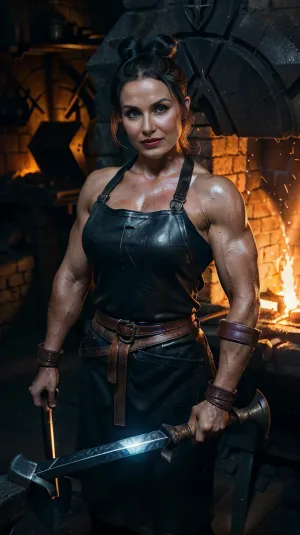 ((1girl)), ((young)), ((detailed face)), ((beautifull face)), ((pretty)), ((pumped lips)), ((angry)), ((athletic muscular feminine body)), ((perfect proportions)), ((chubby muscular)), (()), ((relief muscular arms)), ((relief muscular abs)), ((live action)), ((live expression)), ((fantasy)), ((medieval)), ((blacksmith apron)), ((elvish ears:.5)), ((magic smithing)), ((sparks)), ((anvil)), ((smithing sword on an anvil)), ((sword)), ((hammer)), ((smithing)), ((swinging)), ((sweat)), ((sweating)), ((hard work)), ((glowing heat)), ((furnace)), ((black hair)), ((bun)), ((contrast blue eyes)), ((leather strap holds hair)), ((grimdark colours)), ((grimdark lighting)), ((night time)), ((lighting from furnace)), ((low light)), ((dim light)), was-vb, DarkFantasy, <lora:lord_of_the_rings_offset:.5>, <lora:Clothing - Sexy Blacksmith:.5>