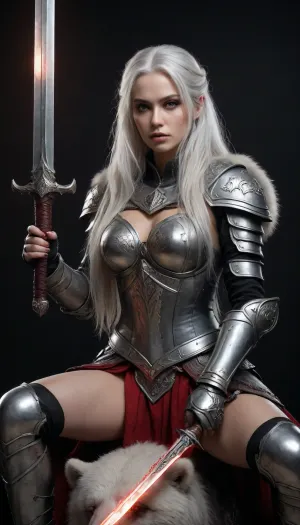 A beautiful Lith Paradies as knight female with long Grey Hair, looking badass into camera, wearing Iron vermillion White glowing Amor and russian Fur beast bear, sitting badass on a ICE Throne Holding down a glowing Gladiator sword, hyper realistic, HD, in Style of Luis Royo, model Pose, badass, simple black Background, perfekt light, Illustration, pino Daheny, Jeremy Mann, Alex Maleev, surrealism, art by james jean, takato yamamoto, inkpunk, delicate detail, highly detailed.