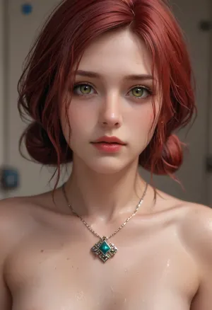 Fantasy stating, 1girl, Triss Merigold from witcher with wet hair stands in a shower with clear water dripping from her naked body and hair.
Tall, fit, torso, nude, small round breasts, very muscular abs, very ripped abs, mature female, full body view.
fogged glass between her and the viewer. Small necklace.
Accurate eyes, realistic detailed eyes, realistic skin texture.
high quality, hyperrealistic, extremely detailed, high resolution, high resolution face, high resolution eyes, view from above.