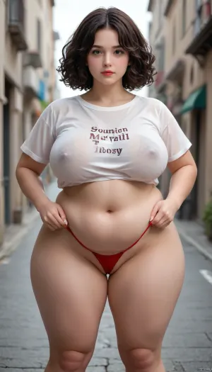 tall super thick chubby obese ssbbw, huge thick thighs, big bloated belly, fupa pussy, huge breasts hh cup, extremely wet white t shirt, red thong, long black curly hair
