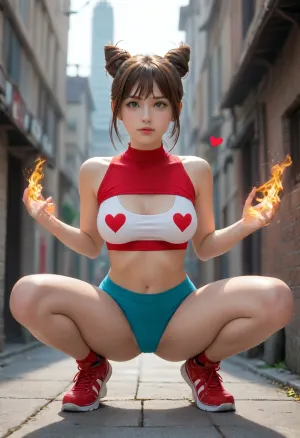 charizard from pokemon, cosplaying as misty, large breast, medium ass, waist shot, exposition, crop top, red suspender, view full body, squat with legs tight, boobheart, heart, hands, self, grabed, own, breast, posing in a pokemon fantasy world, look at the customer, seen from the front, <lora:_sdxl-boobheart:.5>