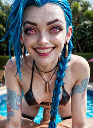 Front view of jinx, focus on her, (league of legends), pink eyes, blue hair, in the swimming pool, she faces the camera as she gets anally penetrated from behind by a large man. His face is not visible, Anal sex, full penetration. She orgasms. She has a crazy wild smile, <lora:MIAOKA_JINX_1.0_SDXL:.8>
