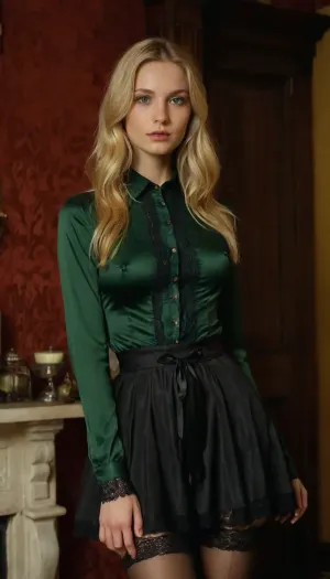 beautiful sexy quite thin 23 year old blond woman posing, (23 year old), no makeup, green eyes, 221b baker street, good hands, perfect fingers, gothic dress, silk panties, silk bra, black stockings, unbuttoned green lace shirt, wasp-waisted, long hair, hairy pussy, lift skirt, show tits, hand on nipples or pussy, show pussy, unwearing, strip tease, shows her pussy, fingering, pussy, <lora:2FingersSDXL_v03:.5>