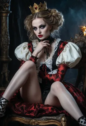 Высокая Алиса: готический арлекин — тёмный фэнтезийный шедевр, сливающий стили аарон Хорки, Джереми Манн и Луис Ройо под золотыми часами теплых объятий