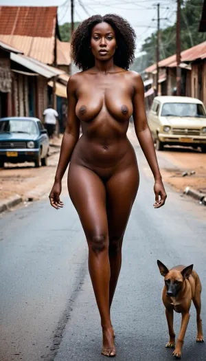 generate a real pic of a like of an image of an African kombi, (or in a street that looks like an African town), IN AN ALMOST NEAR MISS ACCIDENT...Make it a bit exaggerated or cartoonish but still showcasing a a naked mature nigerian woman naked black extrem dark black skinned oil wet skin, like a stray dog is being huntted on the street, full body pic from head to toe