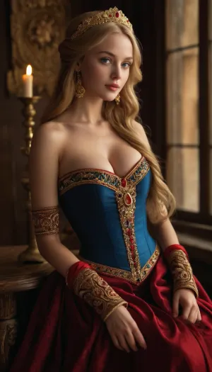(masterpiece, best quality, highres, photorealistic), an incredibly beautiful 20-year-old ancient Russian maiden, a vision of elegance and sensuality, her, (slender, toned body:1.3), draped in an opulent traditional, (gold and crimson kokoshnik:1.3), a regal headpiece adorned with pearls and intricate embroidery, (long, thick, golden-blonde hair:1.3), flowing in an elaborate braid, cascading down her delicate back, decorated with ruby-red silk ribbons, (large, round, firm breasts:1.4), accentuated by a finely embroidered golden corset, shaping her silhouette beneath an ethereal, (luxurious, richly decorated sarafan:1.3), flowing with elegant drapery, intricate Slavic floral motifs shimmering under the warm candlelight, (wide, expressive deep blue eyes:1.3), glowing with innocence and allure, (full, rosy lips:1.3), slightly parted in a soft, seductive smile, her smooth, porcelain-white skin kissed by the soft glow of flickering torches, sitting gracefully within the grand wooden chambers of an ancient Rus’ palace, her delicate hands resting upon an ornately carved oak table, beside a gleaming golden goblet filled with spiced honey mead, an elaborate hand-woven rug covering the polished wooden floor beneath her bare, dainty feet, intricate Byzantine-style icons and golden candleholders illuminating the chamber, a towering stone hearth crackling warmly in the background, shadows dancing upon richly adorned walls, the scent of burning frankincense lingering in the air, soft natural light filtering through embroidered linen curtains, ultra-detailed textures of silk, fur, and wood, cinematic composition, smooth focus, realistic depth, HDR, natural and balanced tones, avoiding excessive contrast while maintaining lifelike realism, capturing the untamed beauty, power, and elegance of ancient Rus'.