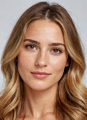 ((32-year-old woman)), realistic facial portrait, ((defined square jawline)), (soft transitions), smooth skin texture with, (visible natural pores), subtle imperfections like fine lines around the eyes and mouth, slight freckles on cheeks, ((straight nose with a gentle curve)), ((almond-shaped hazel eyes)), with a soft natural shine, (medium-thick eyebrows), slightly arched, soft flushed cheeks, ((proportional facial features)), warm and inviting expression, subtle smile, slightly wavy blonde hair framing the face, ((high-resolution details)), cinematic quality, ((natural diffuse lighting)), that highlights skin texture without overexposing, even skin tone with minimal makeup, fine wrinkles barely visible for a natural look, balanced proportions, ((eye spacing proportional to nose width)), nose length proportional to face height, ultra-realistic, ((detailed texture)), sharp and clear focus on the facial features, warm natural tones, photorealistic rendering, ((skin glow subtly enhanced)), to emphasize realism, no heavy CGI or artificial smoothness.
