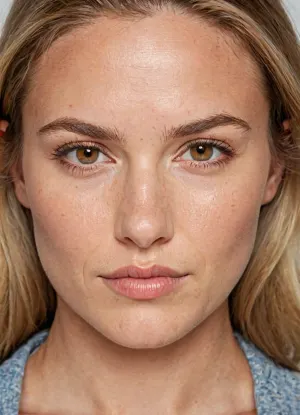((32-year-old woman)), realistic facial portrait, ((defined square jawline)), (soft transitions), smooth skin texture with, (visible natural pores), subtle imperfections like fine lines around the eyes and mouth, slight freckles on cheeks, ((straight nose with a gentle curve)), ((almond-shaped hazel eyes)), with a soft natural shine, (medium-thick eyebrows), slightly arched, soft flushed cheeks, ((proportional facial features)), warm and inviting expression, subtle smile, slightly wavy blonde hair framing the face, ((high-resolution details)), cinematic quality, ((natural diffuse lighting)), that highlights skin texture without overexposing, even skin tone with minimal makeup, fine wrinkles barely visible for a natural look, balanced proportions, ((eye spacing proportional to nose width)), nose length proportional to face height, ultra-realistic, ((detailed texture)), sharp and clear focus on the facial features, warm natural tones, photorealistic rendering, ((skin glow subtly enhanced)), to emphasize realism, no heavy CGI or artificial smoothness.