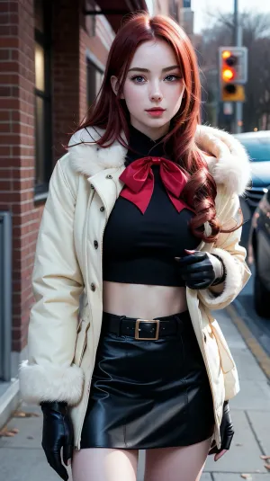 Sexy Pale Skinned 18 Year old Sexy women, kirijodef, hair, over, one, eye, school, uniform, bow, black, skirt, kirijoarena, fur, coat, belt, kirijoarmor, armor, gloves, <lora:persona3_kirijou-12:.5>