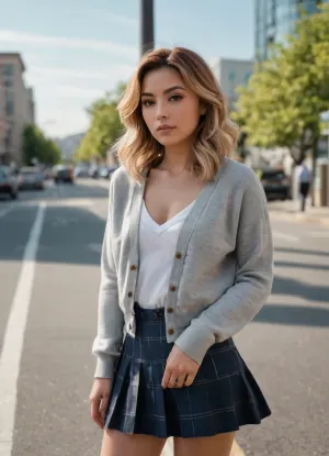 A cinematic and dramatic outdoor portrait of a stylish young woman standing confidently on a crosswalk in an urban setting. She is wearing a casual yet fashionable school-inspired outfit, a soft gray oversized cardigan with a V-neck design, buttoned in the middle, and slightly loose sleeves. Beneath the cardigan, she wears a crisp white collared shirt. Her pleated tartan skirt, featuring a dark gray and navy-blue checkered pattern, adds a youthful and dynamic touch to the ensemble. She completes the look with black ankle socks and simple black shoes. Her pose is relaxed yet confident, with one hand lightly playing with her long, wavy blonde hair, which falls naturally over her shoulders. Her other arm hangs loosely by her side. She gazes aside with a soft and playful expression, exuding charm and confidence. The setting features a lively urban backdrop with soft focus, showing parked cars, green trees, and multi-story buildings bathed in natural daylight. The sunlight creates a soft glow, highlighting her hair and casting gentle shadows that add depth and drama to the image. The overall atmosphere is vibrant and cinematic, with a focus on the interplay of light, fashion details, and her dynamic pose., gyaru_j