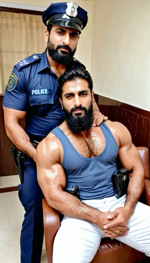 ('Afzal Khan' wearing Pakistani Police uniform and roughly choking his gorgeous girlfriend sitting on his lap), Very ruggedly handsome Big Muscular Indian Muslim bodybuilder sitting on the recliner in the Office, foot fetish, (Handsome and Hot Muslim hunks with very long beard), dark and rough Muslim men, (40 year old, Muslim, tall muscled Arab Indian dark male, rough, dominant, daddy, (hairy armpits and Chest), bodybuilder, perfect fingers, oily Sweaty body, dilf, Big seductive eyes, Wet body, rain drops, ultra sharp high definition details, pubic hair, professional photography, insanely detailed, RAW photo, HDR, hyper-realistic, cinematic lighting, photo realism, ((Married Muslim Police Men wearing wet sweaty shirt, Police Cap, full length pant)), lustful eyes, menacing attitude)