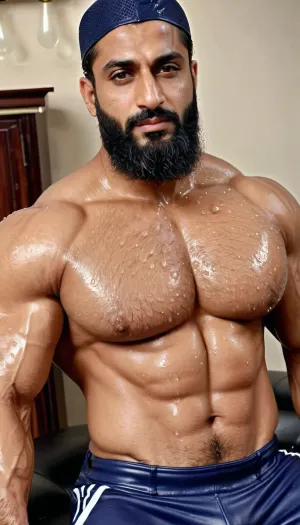('Afzal Khan' wearing Pakistani Navy uniform), Very ruggedly handsome Big Muscular Indian Muslim bodybuilder sitting on the recliner in the Office, foot fetish, (Handsome and Hot Muslim hunks with very long beard), dark and rough Muslim men, (40 year old, Muslim, tall muscled Arab Indian dark male, rough, dominant, daddy, (hairy armpits and Chest), bodybuilder, perfect fingers, oily Sweaty body, dilf, Big seductive eyes, Wet body, rain drops, ultra sharp high definition details, pubic hair, professional photography, insanely detailed, RAW photo, HDR, hyper-realistic, cinematic lighting, photo realism, ((Married Muslim Navy Men wearing wet sweaty shirt, full length pant, Navy Cap, hand gloves)), lustful eyes, menacing attitude)